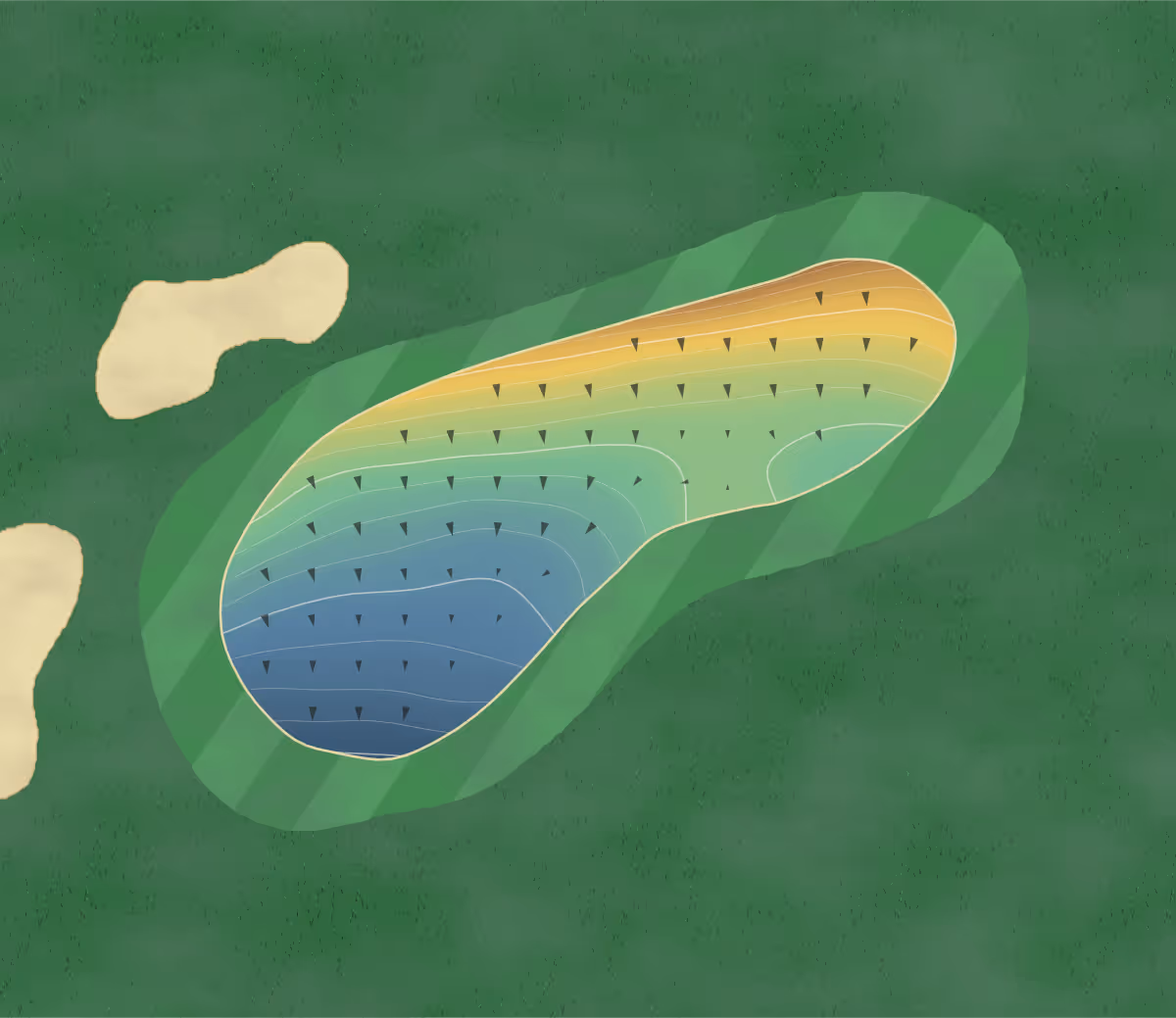 Green contour map of Zollner Gc in Angola, Indiana — 168 elevation contours at a 3-inch interval with fall-line arrows, traced from 1-meter lidar