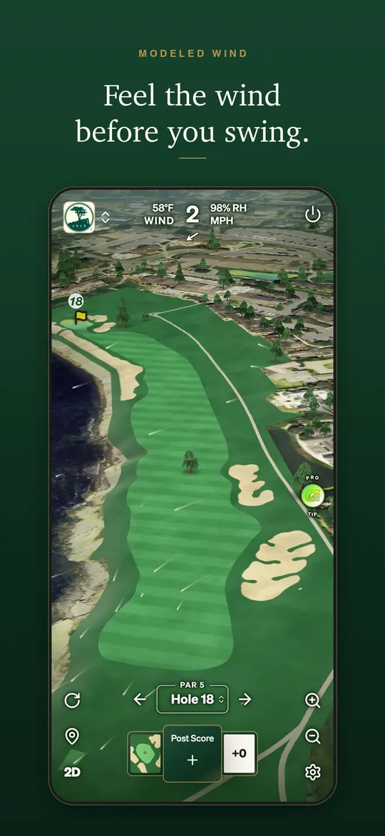 The GolfCore map of Pebble Beach's 18th with wind over the hole