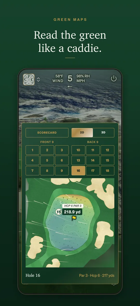 A green map of Cypress Point's 16th with contour lines and the pin