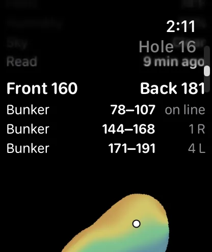 Front and back of the green and the hazards on the line on Apple Watch