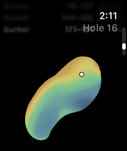 The green's elevation map with the day's pin on Apple Watch