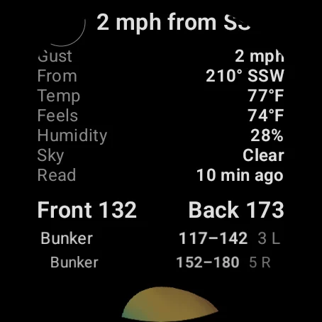 The wind, the front and back of the green, and the bunkers on the line on a Wear OS watch