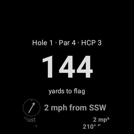 Hole 1 with its par, handicap, yards to the flag and the wind on the GolfCore Wear OS app