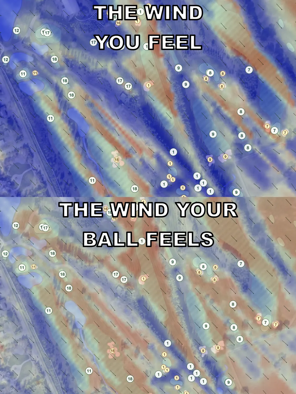 The same holes at The Institute twice: the wind at a player's height, sheltered by the trees, and the stronger wind at the height the ball flies