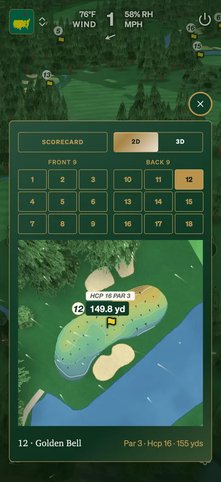 GolfCore green map of Augusta National's 12th with contours and fall-line arrows