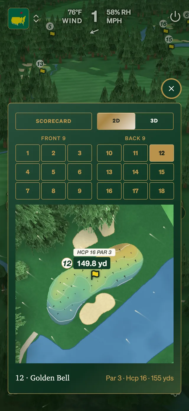 GolfCore green map of Augusta National's 12th with contours and fall-line arrows