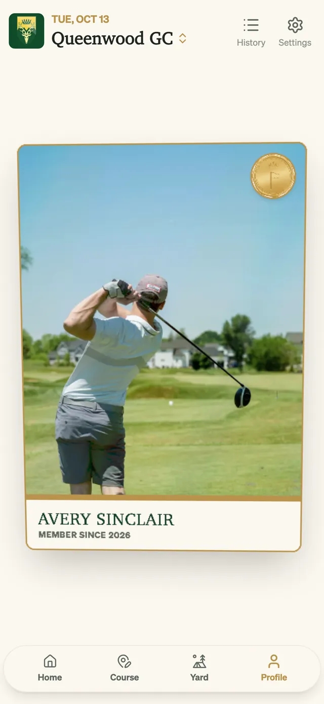 A GolfCore player card for a member of Queenwood Golf Club