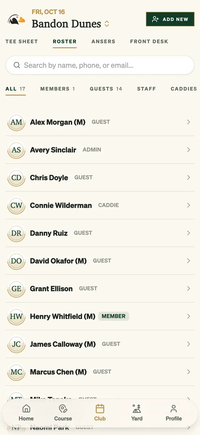 Die ClubOffice-Mitgliederliste mit Mitgliedern, Gästen, Personal und Caddies, durchsuchbar nach Name, Telefon oder E-Mail