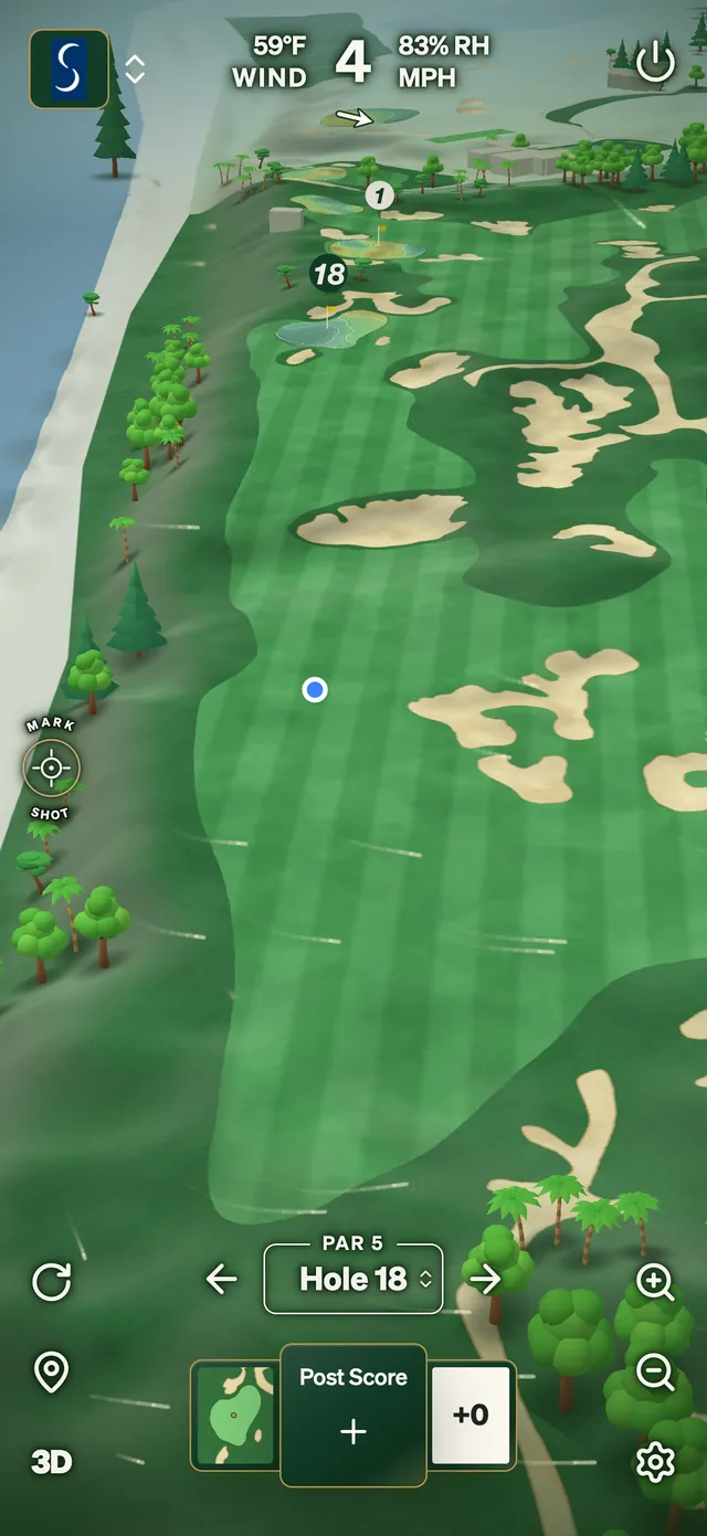 GolfCore course GPS over Sebonack's 18th from the fairway, with the wind across the hole