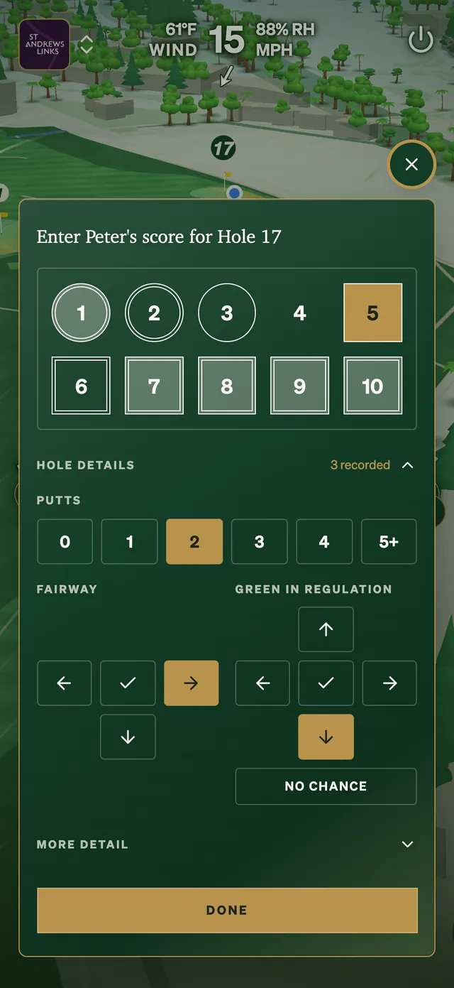 Entering a five on the Road Hole at St Andrews, with two putts, the drive missed right and the approach short