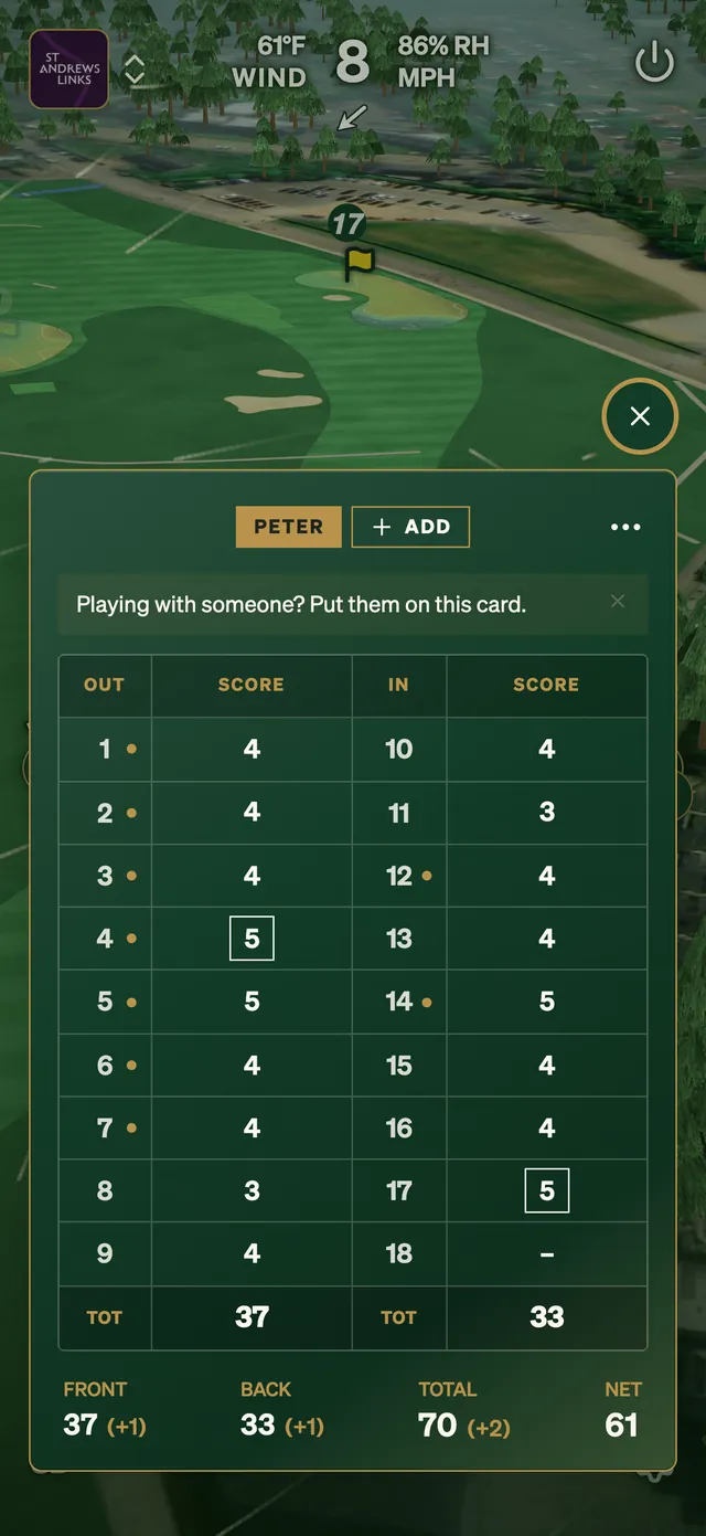 GolfCore scorecard at the Old Course, St Andrews, over the course GPS